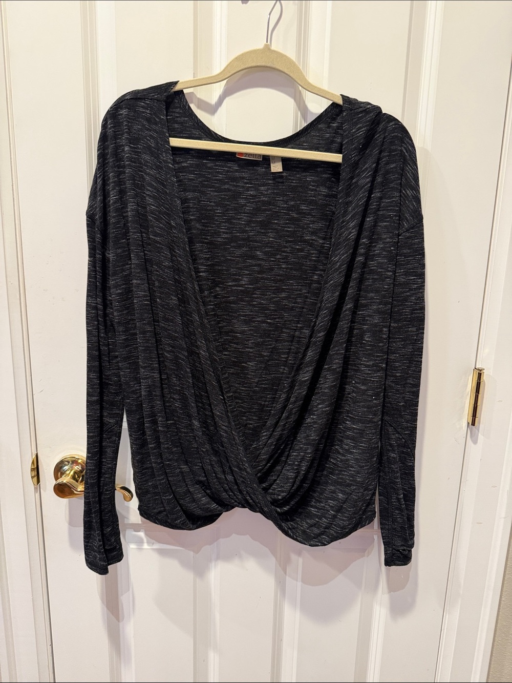 Zella Black Heather Draped Twist-Front Long Sleeve Top